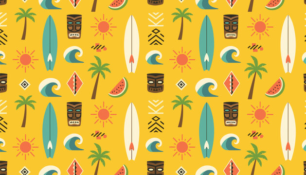 Tropical beach pattern showcases tiki masks, surfboards, palm trees, and watermelon slices on a vibrant yellow backdrop.