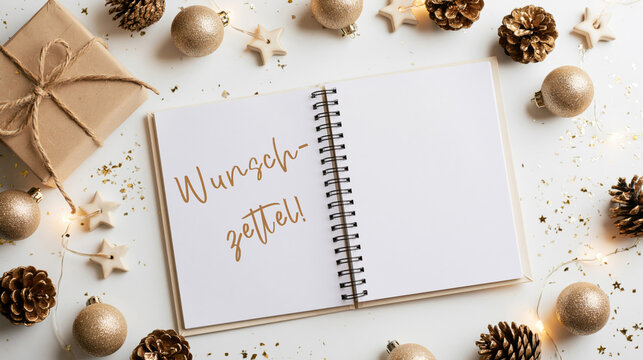 Weihnachten Wunschzettel - Notizbuch Spiralblock auf Tisch mit Geschenk und Dekoration