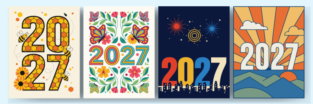 Set of four 2027 new year greeting card posters with bees, butterflies, fireworks and landscapes