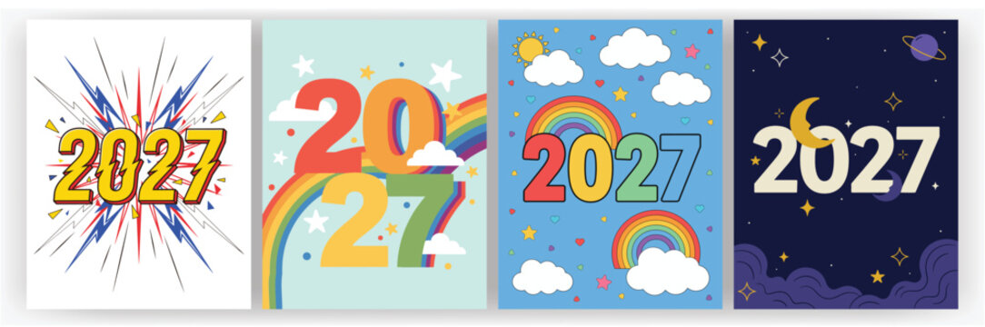 Set of four colorful 2027 new year greeting card featuring rainbows, clouds, and night sky