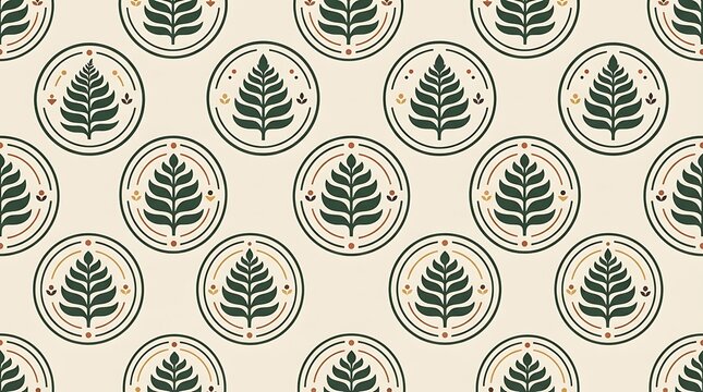 Seamless pattern with vintage botanical illustrations of evergreen trees and circular frames