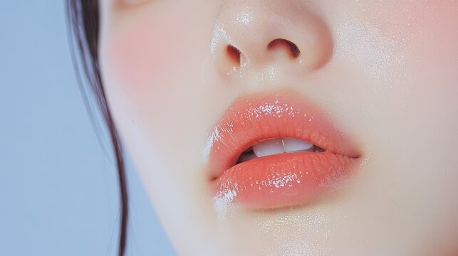 Close up capturing moist, glistening lips and the lower part of the nose against a soft background