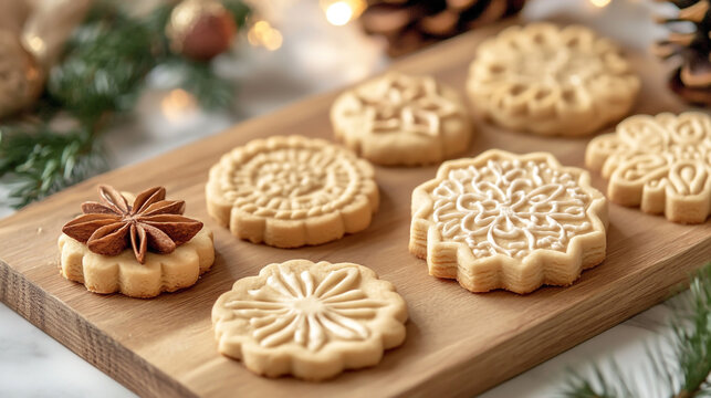 Embossed holiday shortbread cookies served on a wooden cutting board with pine needles star anise baked goods snack time food photography embossed