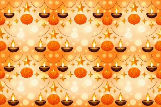 Seamless diwali pattern with glowing oil lamps and marigold flowers for festive background and holiday greeting card design