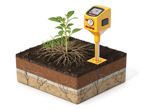 Soil moisture meter measuring young plant growth in soil block