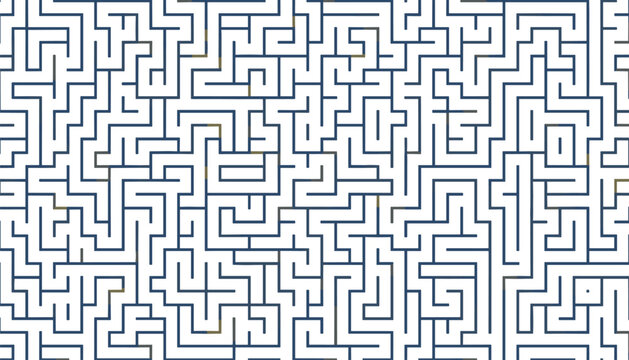 Intricate blue line maze pattern on a plain white background representing complexity, problem solving, and finding the right path.