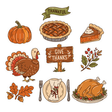 Hand drawn Thanksgiving vector set with pumpkin, turkey, pumpkin pie, roasted turkey, autumn leaves, berries, festive table setting and gratitude signs in warm seasonal colors.