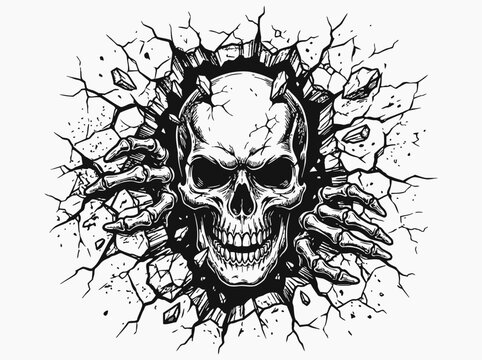 Detailed skull breaking through a cracked wall with skeletal hands. Black and white vector illustration for dark gothic and horror apparel.

