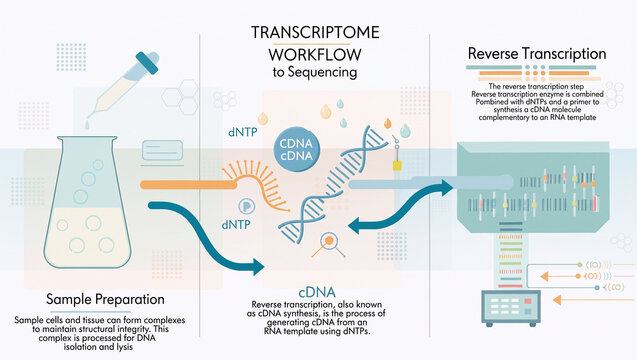 Digital vector illustration of a laboratory workflow showing cell extraction, RNA reverse transcription into complementary DNA (cDNA), and preparation for high-throughput sequencing