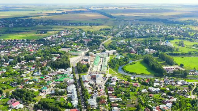Suzdal, Russia. Flight. Suzdal city center, Trade square. Drone footage