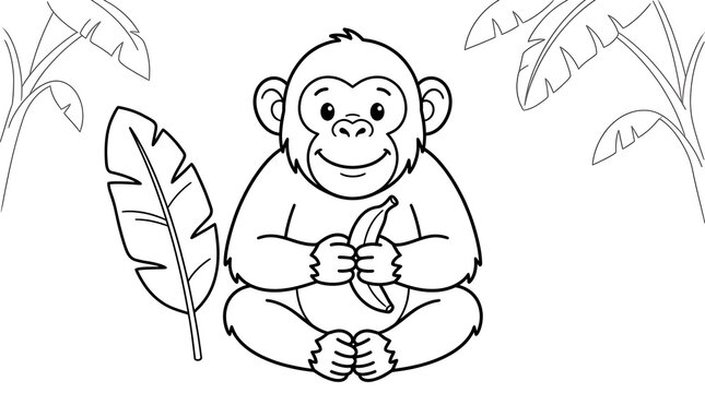 Smiling cartoon monkey holding banana