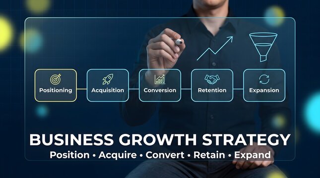 A business professional interacting with a digital interface displaying a comprehensive growth strategy including position acquire convert retain and expand concepts