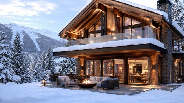 Luxury mountain chalet surrounded by snowy forest with warm lights and scenic winter landscape