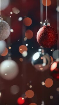 This image showcases a collection of festive red, silver, and white hanging ornaments, creating a warm and inviting atmosphere. The soft-focus bokeh adds a touch of magical holiday charm.
