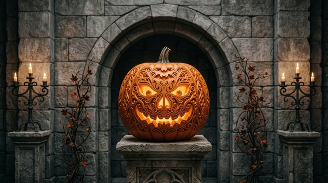 Intricately Carved Halloween Pumpkin on Stone Pedestal in Gothic Setting.