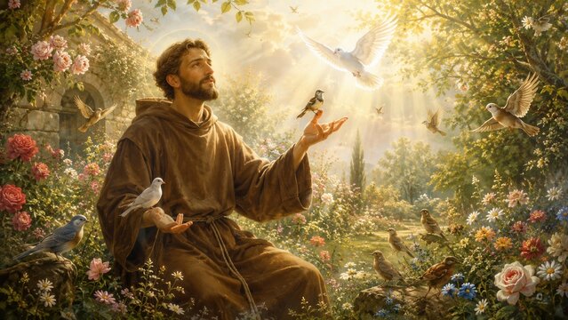 Saint Francis of Assisi surrounded by birds in blooming garden with radiant heavenly light and peaceful nature