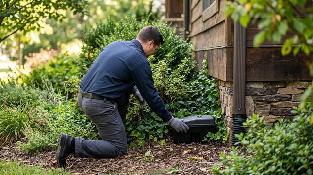 Professional Pest Control Technician Inspecting Bait Station at Residential Home Exterior.