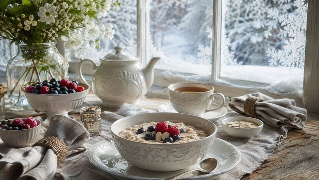 Cozy winter breakfast with oatmeal berries and hot tea beside a frosty window on a snowy morning