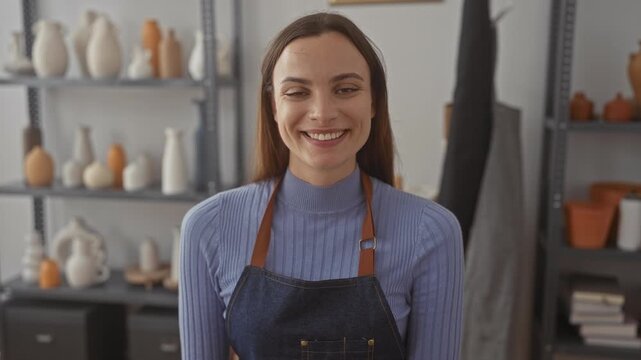 Woman potter smiling while wearing apron among ceramic vases on shelves in studio; creative serenity.