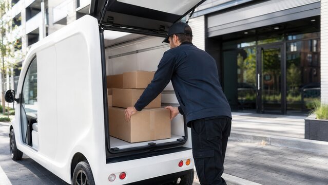 Delivery worker loading cardboard boxes into white cargo van for parcel shipping and courier service