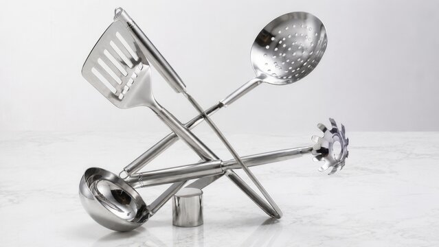 Stainless steel kitchen utensils with ladle spatula and skimmer arranged on white marble background