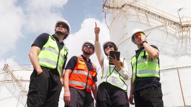 Three engineers in safety gear review data on a laptop while inspecting large storage tanks at an industrial plant site.