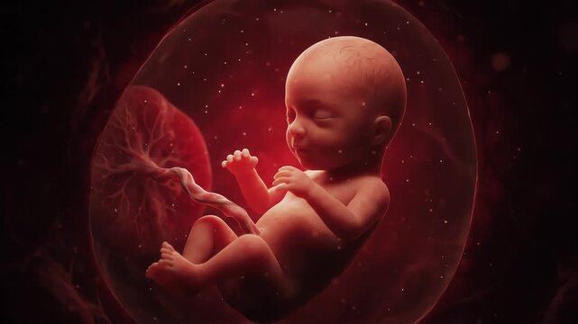 Human Fetus at 12 Weeks Inside Uterus, Early Pregnancy Development in Dark Red Womb