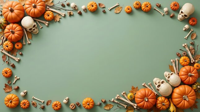 Autumnal halloween frame with pumpkins skulls and bones on a green background