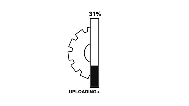Black and white loading bar icon with a gear cog symbol showing thirty one percent progress for a data uploading process on a digital computer screen interface
