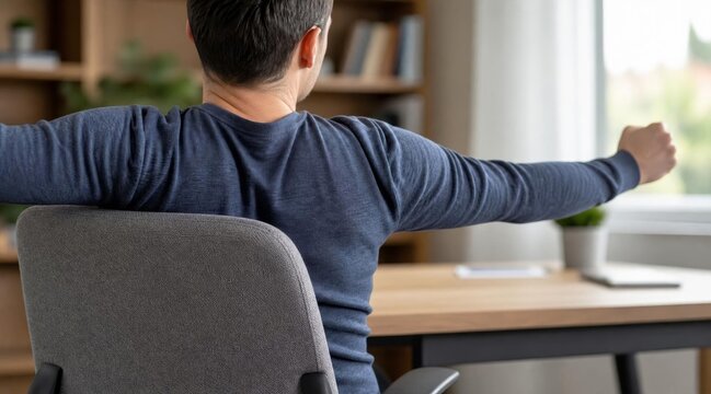 Young man stretching his arms and back while sitting at a desk in a home office.