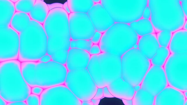 Rounded cyan forms outlined by vivid pink edges drift and press together across a dark background, opening and closing irregular gaps as clustered shapes shift through frame