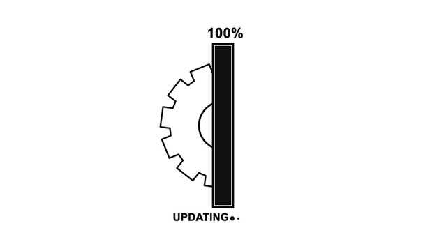 Black and white updating icon with a loading progress bar and a mechanical gear showing one hundred percent completion for software and system updates