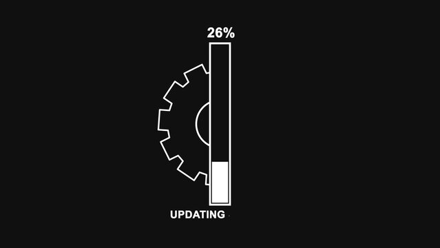 Digital software update progress bar with a gear icon showing twenty six percent complete on a simple black background for computer system maintenance