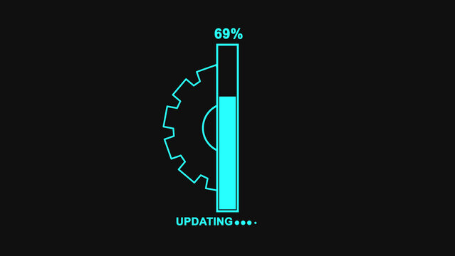 Cyan neon digital loading bar with gear icon and updating progress text on black background showing sixty nine percent completion for software update