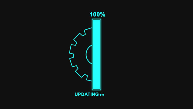 Cyan loading bar with gear icon and updating text showing hundred percent completion on a dark background representing system software update process