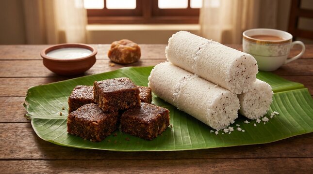 Traditional Sri Lankan Steamed Pittu Served with Jaggery Sweets and Fresh Milk on Banana Leaf
