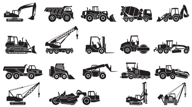 Set of black silhouette icons featuring various heavy construction machinery and industrial vehicles for building projects