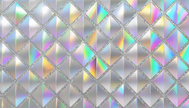 銀色の菱形模様に虹色の光が反射する幾何学パターン