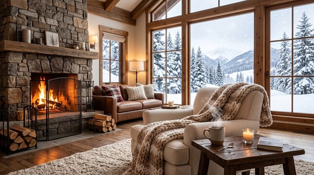 Cozy rustic living room interior with a warm fireplace and large windows overlooking a snowy winter mountain landscape