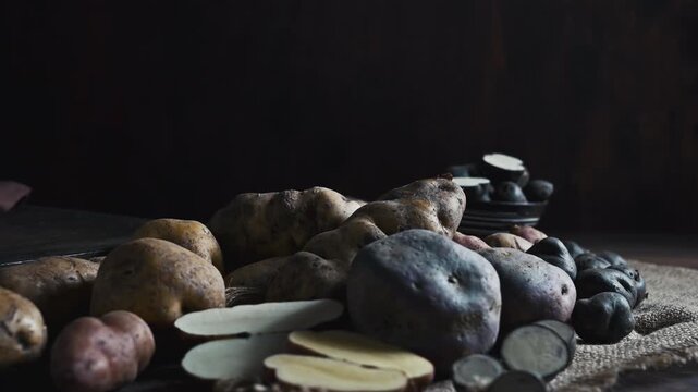 Assorted native Peruvian potatoes and purple chips in a rustic setting.