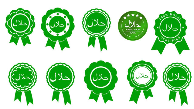 Premium green halal certification badges and labels collection, signifying Islamic permissible food standards, quality assurance, and compliance for various products and services