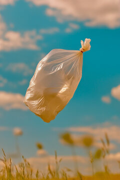 A plastic bag floats in the air above a grassy field, with no obvious signs of movement or disturbance. vertical frame