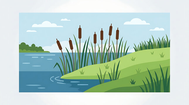 Cattails and tall grasses growing on the grassy bank of a calm blue river