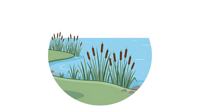 Cattails growing along the grassy bank of a calm blue pond