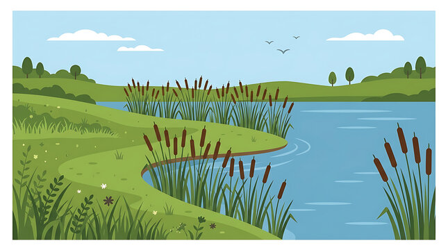 Cattails growing along the grassy bank of a calm blue river on a sunny day