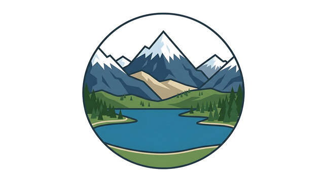 Minimalist circular emblem illustration of a scenic mountain lake surrounded by pine trees