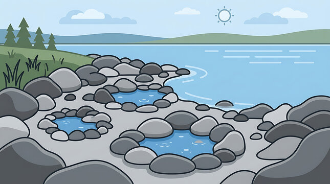 Natural stone pools along a rocky lakeshore on a sunny day