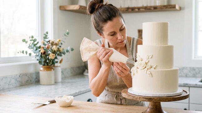 Baker Decorating Elegant Three Tier Wedding Cake with Piping Bag and Buttercream Flowers