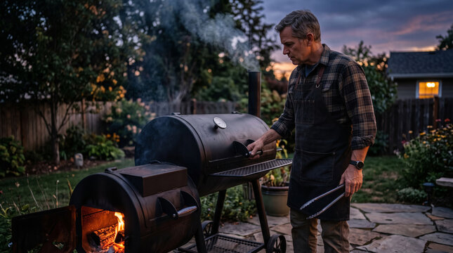 Man grilling outdoors at dusk with smoke rising from the smoker