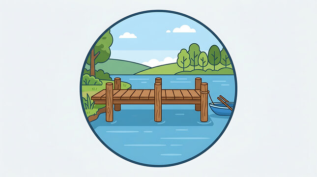 Wooden pier extending into a calm lake with a small moored boat against a backdrop of rolling hills